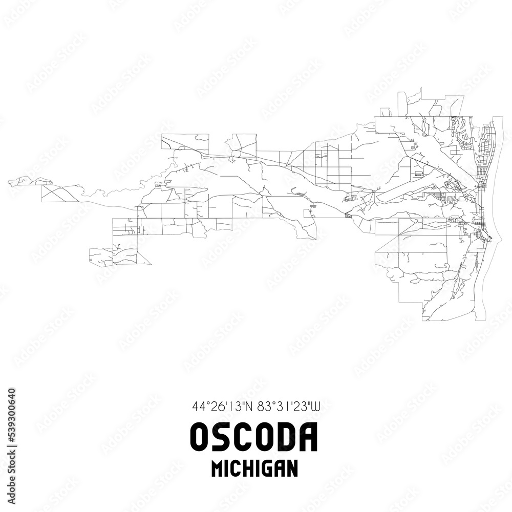 Oscoda Michigan. US street map with black and white lines. Oscoda Michigan. US street map with black and white lines.