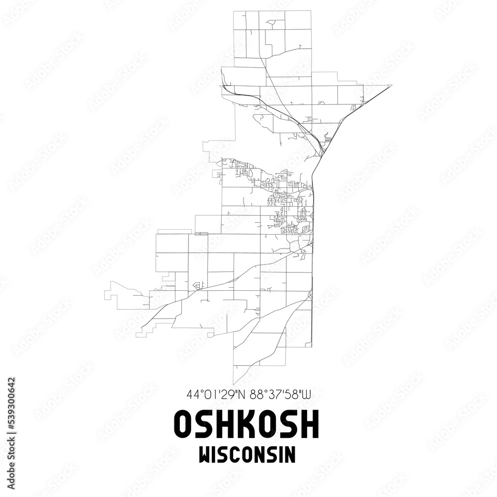 Oshkosh Wisconsin. US street map with black and white lines.