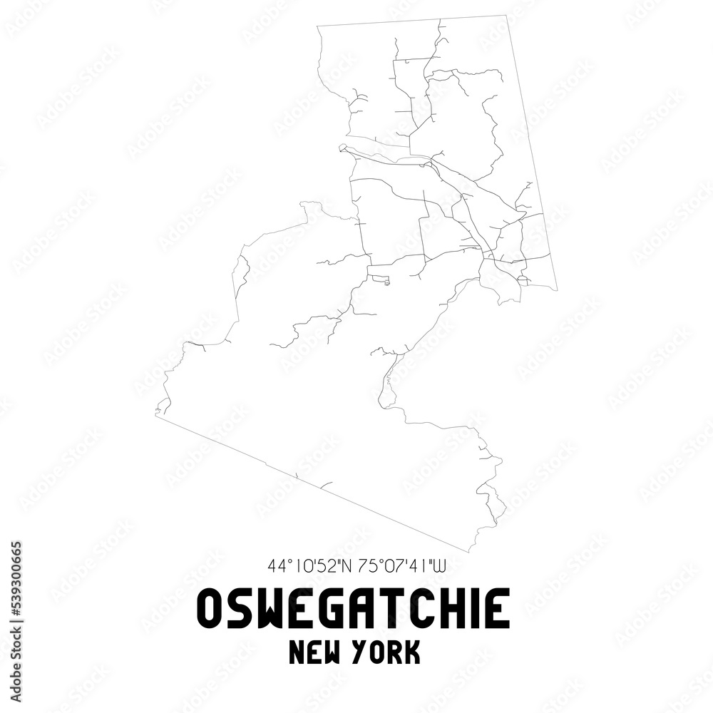 Oswegatchie New York. US street map with black and white lines.
