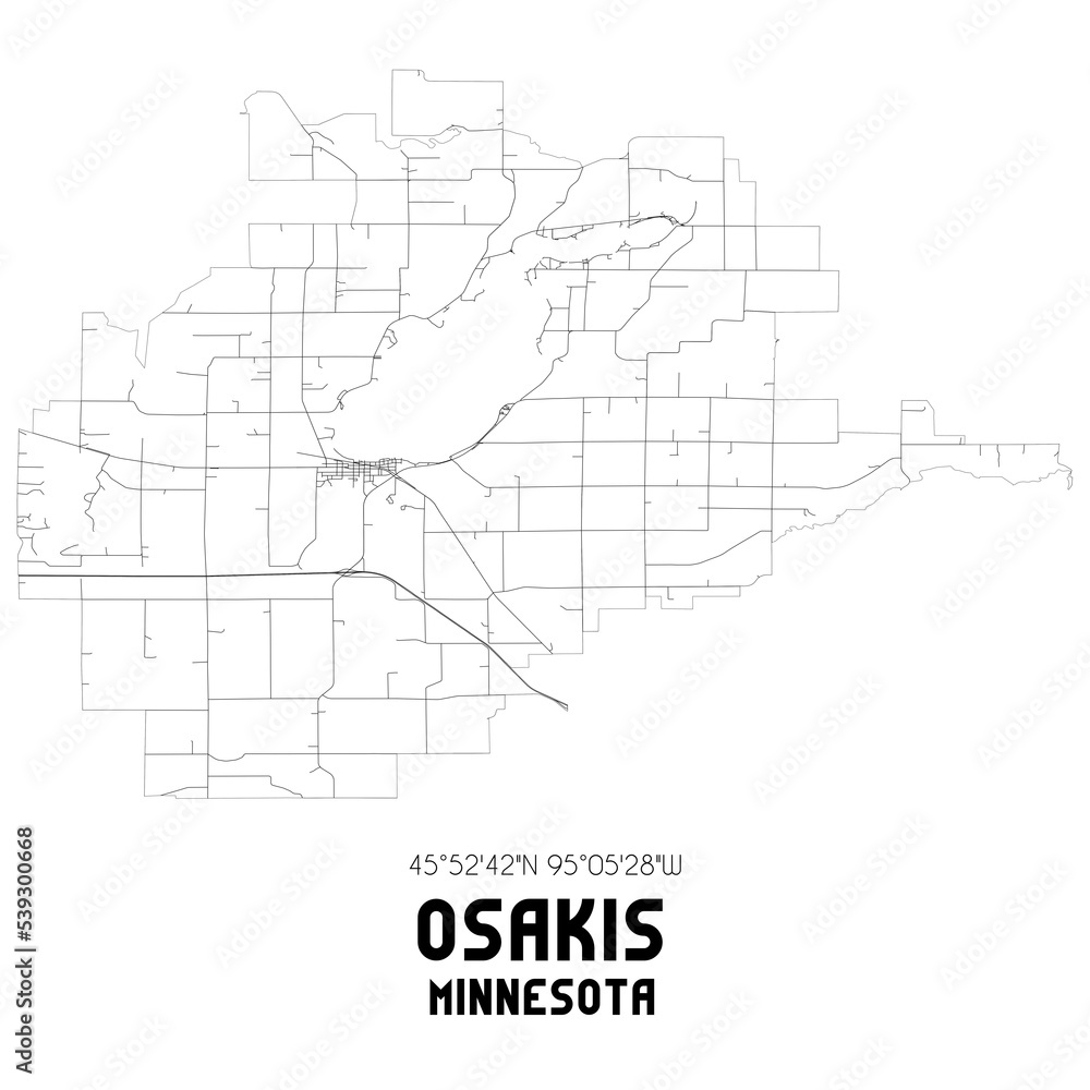 Osakis Minnesota. US street map with black and white lines. Stock