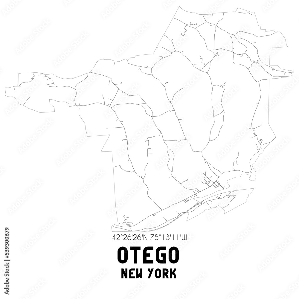 Otego New York. US street map with black and white lines.