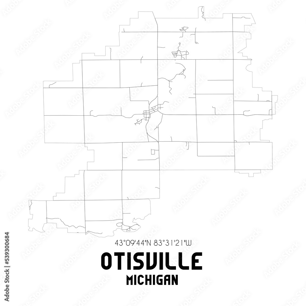 Otisville Michigan. US street map with black and white lines.