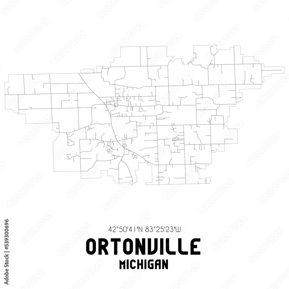 Ortonville Michigan. US street map with black and white lines.