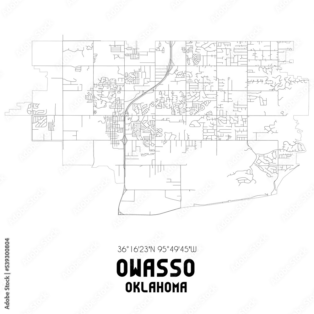 Owasso Oklahoma. US street map with black and white lines.