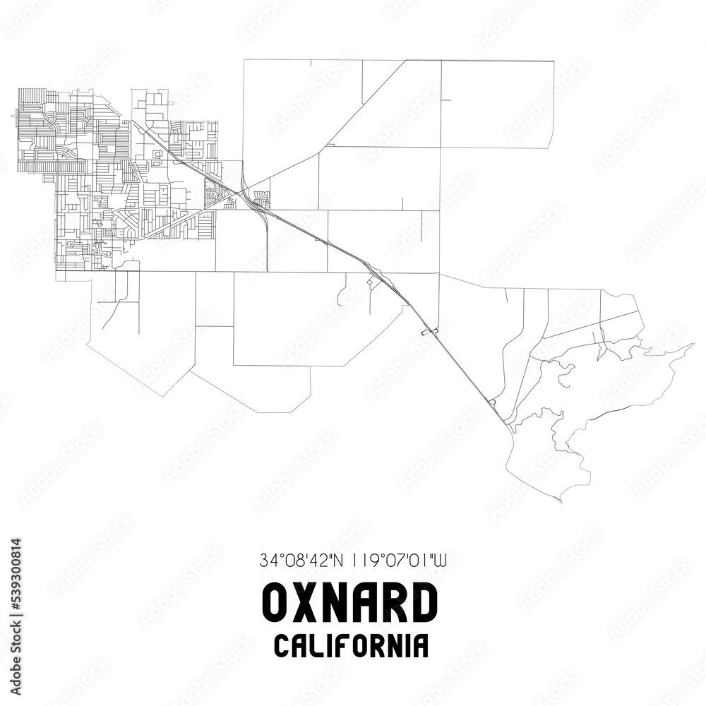Oxnard California. US street map with black and white lines.