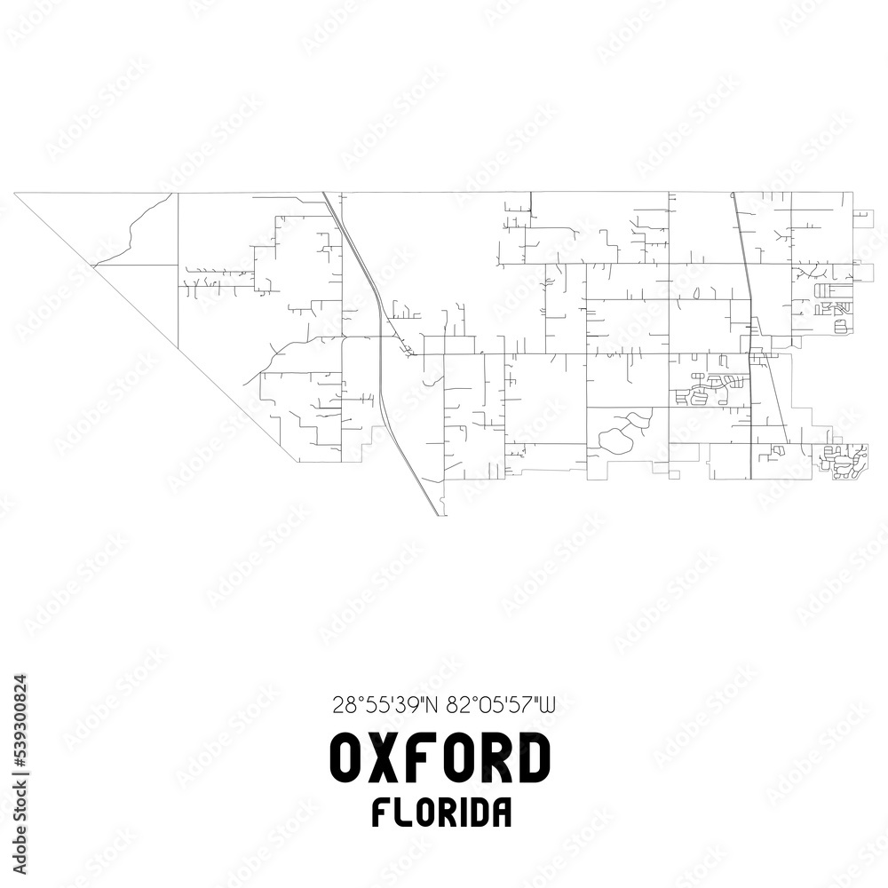 Oxford Florida. US street map with black and white lines.