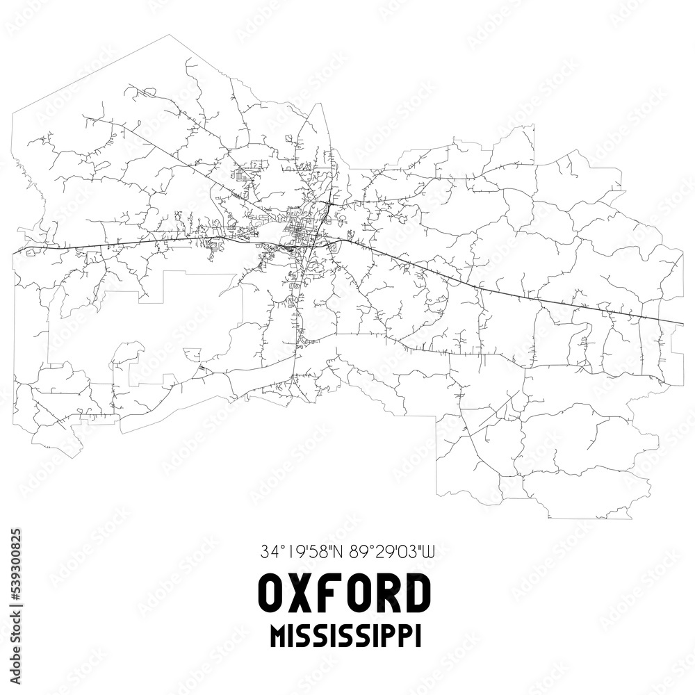 Oxford Mississippi. US street map with black and white lines