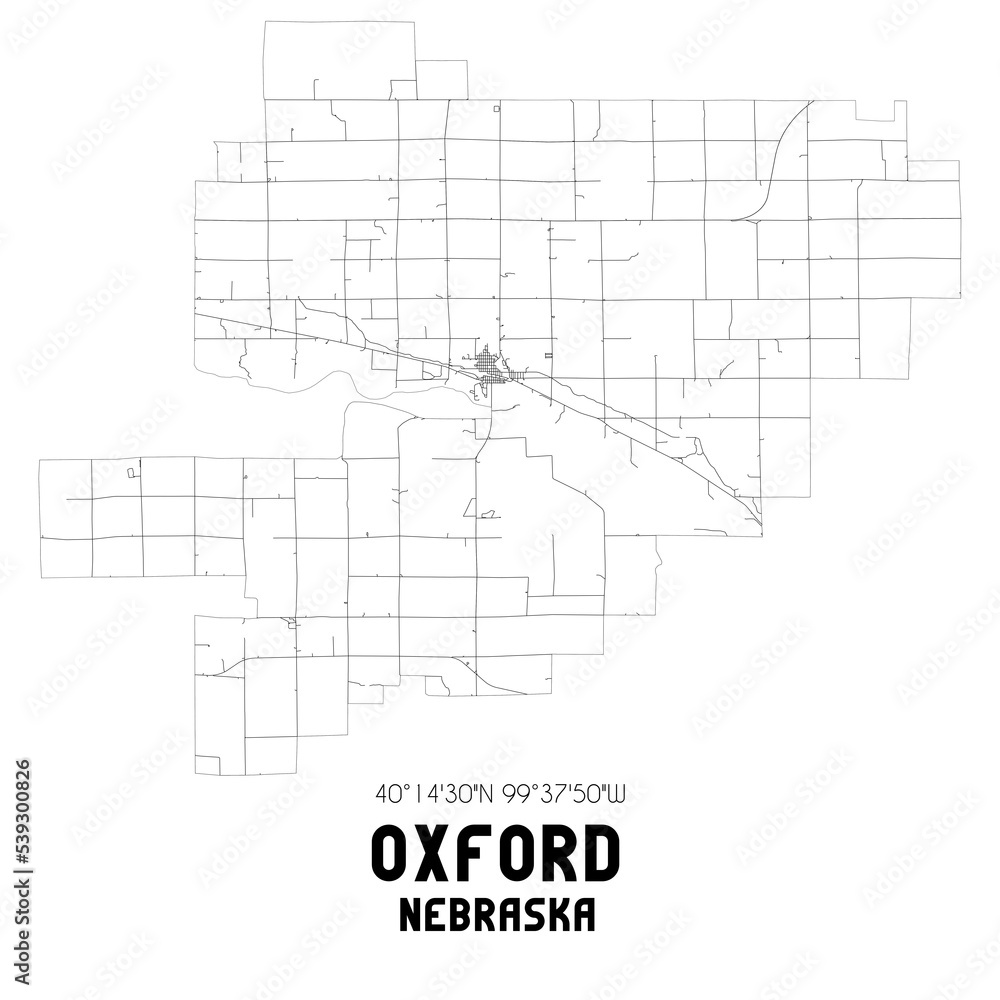Oxford Nebraska. US street map with black and white lines.