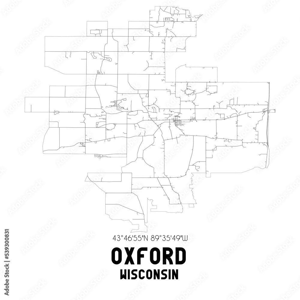 Oxford Wisconsin. US street map with black and white lines.