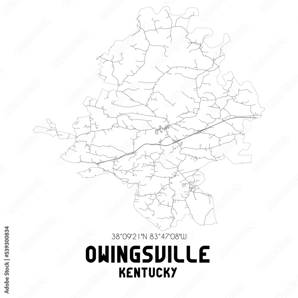 Owingsville Kentucky. US street map with black and white lines.