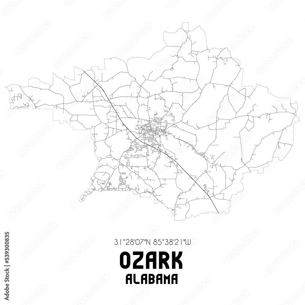 Ozark Alabama. US street map with black and white lines.