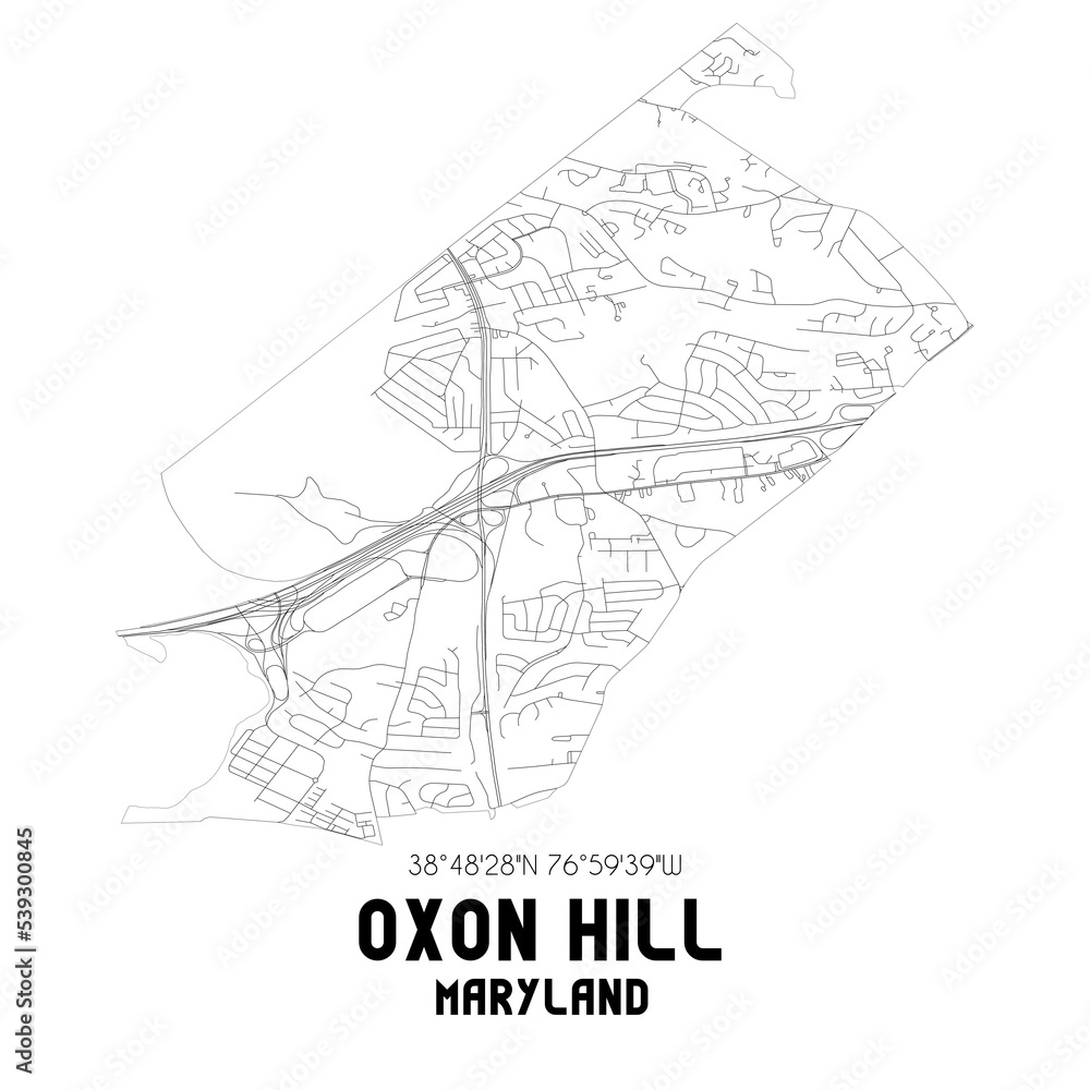 Oxon Hill Maryland. US street map with black and white lines.