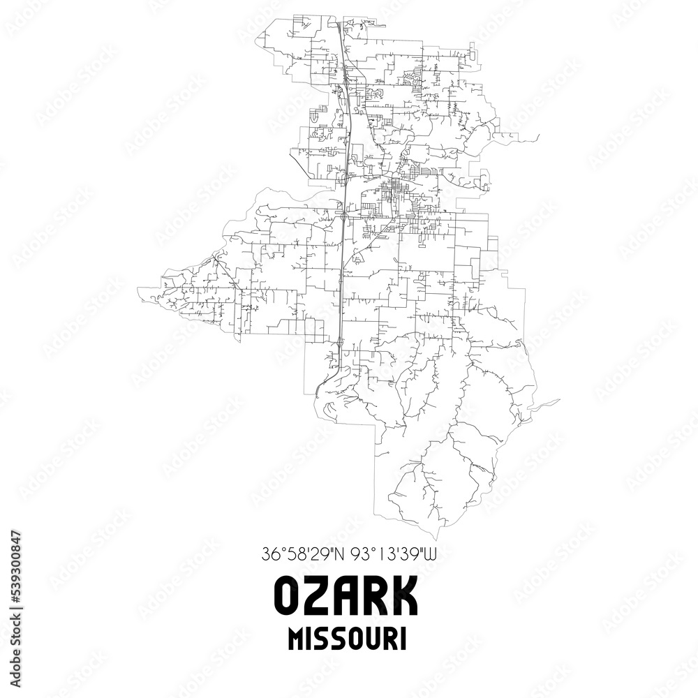 Ozark Missouri. US street map with black and white lines.