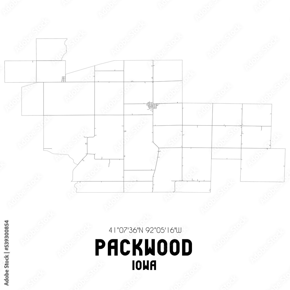 Packwood Iowa. US street map with black and white lines.
