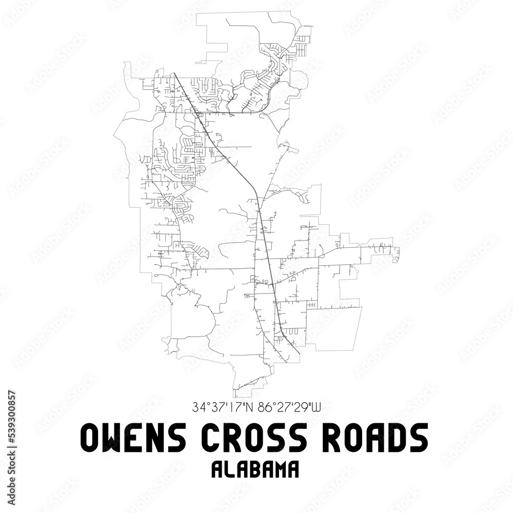 Owens Cross Roads Alabama. US street map with black and white lines.