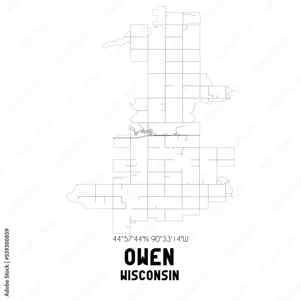 Owen Wisconsin. US street map with black and white lines.
