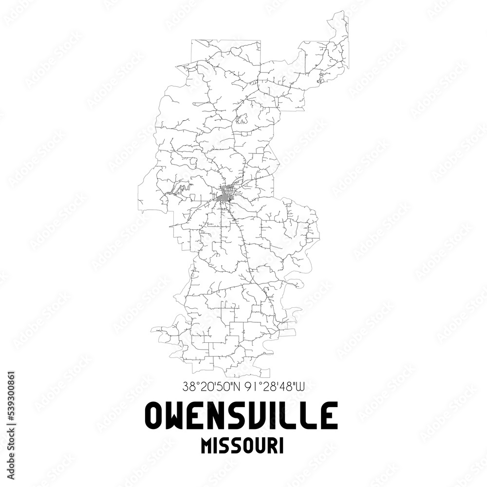 Owensville Missouri. US street map with black and white lines.