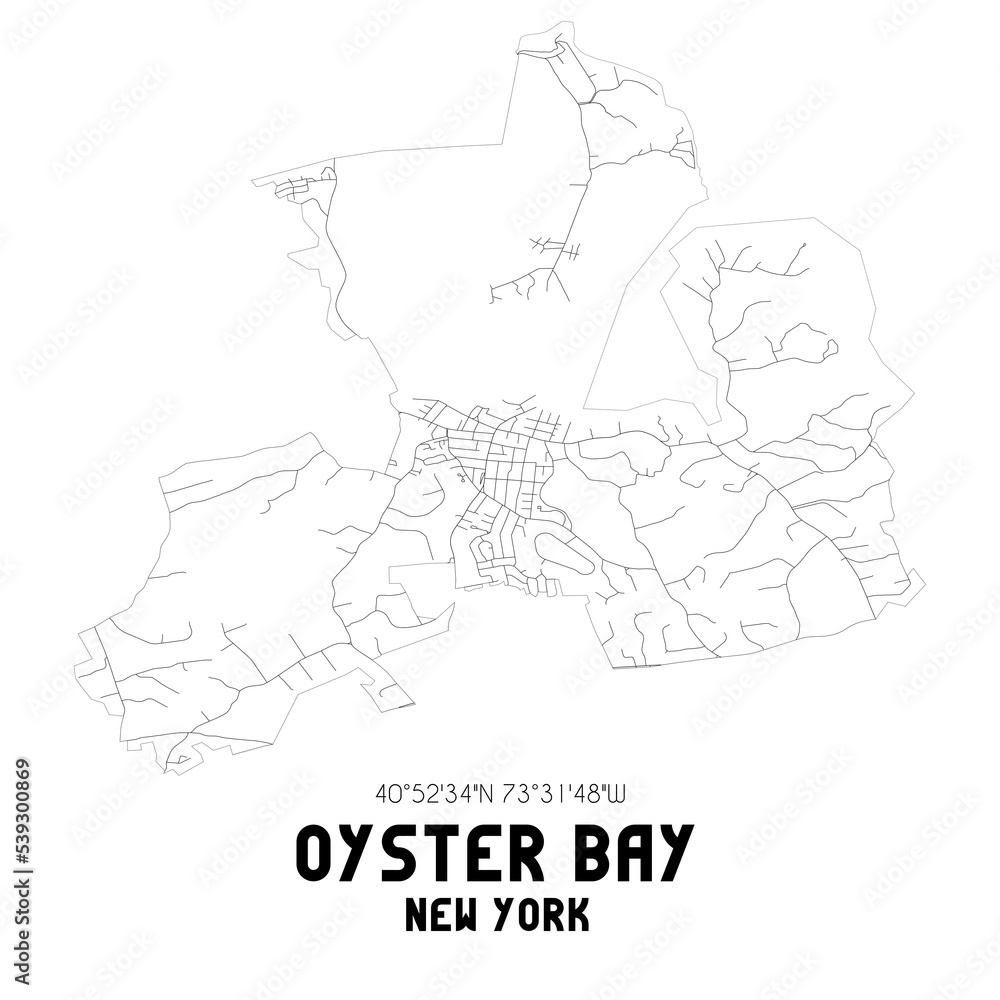 Oyster Bay New York. US street map with black and white lines.
