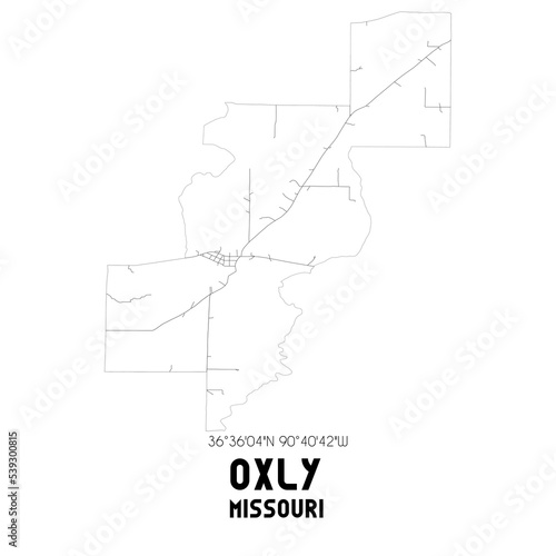 Oxly Missouri. US street map with black and white lines.