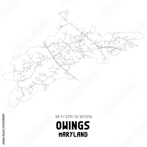 Owings Maryland. US street map with black and white lines.
