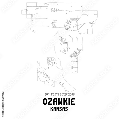 Ozawkie Kansas. US street map with black and white lines.