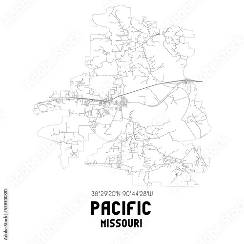 Pacific Missouri. US street map with black and white lines.