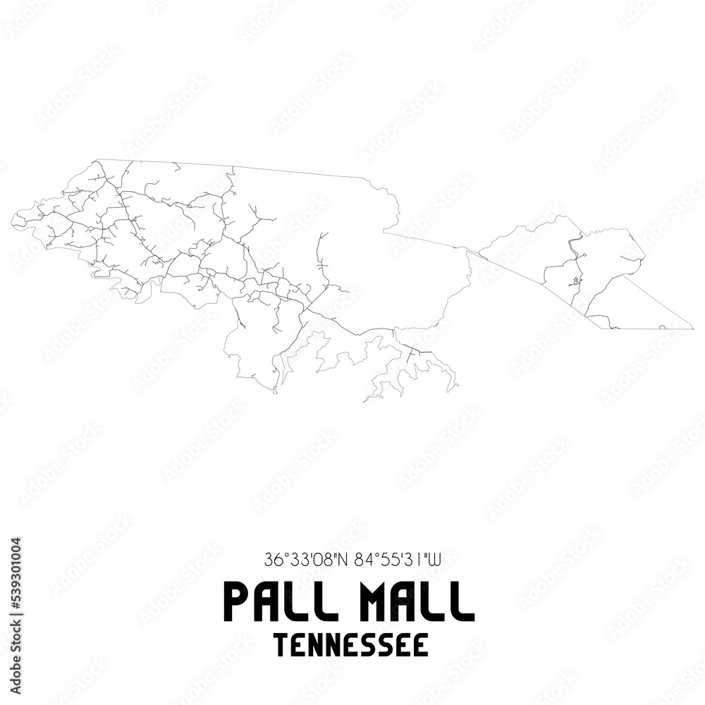 Pall Mall Tennessee. US street map with black and white lines.