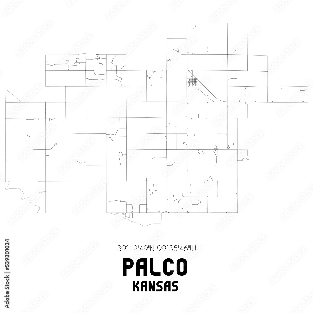 Palco Kansas. US street map with black and white lines.