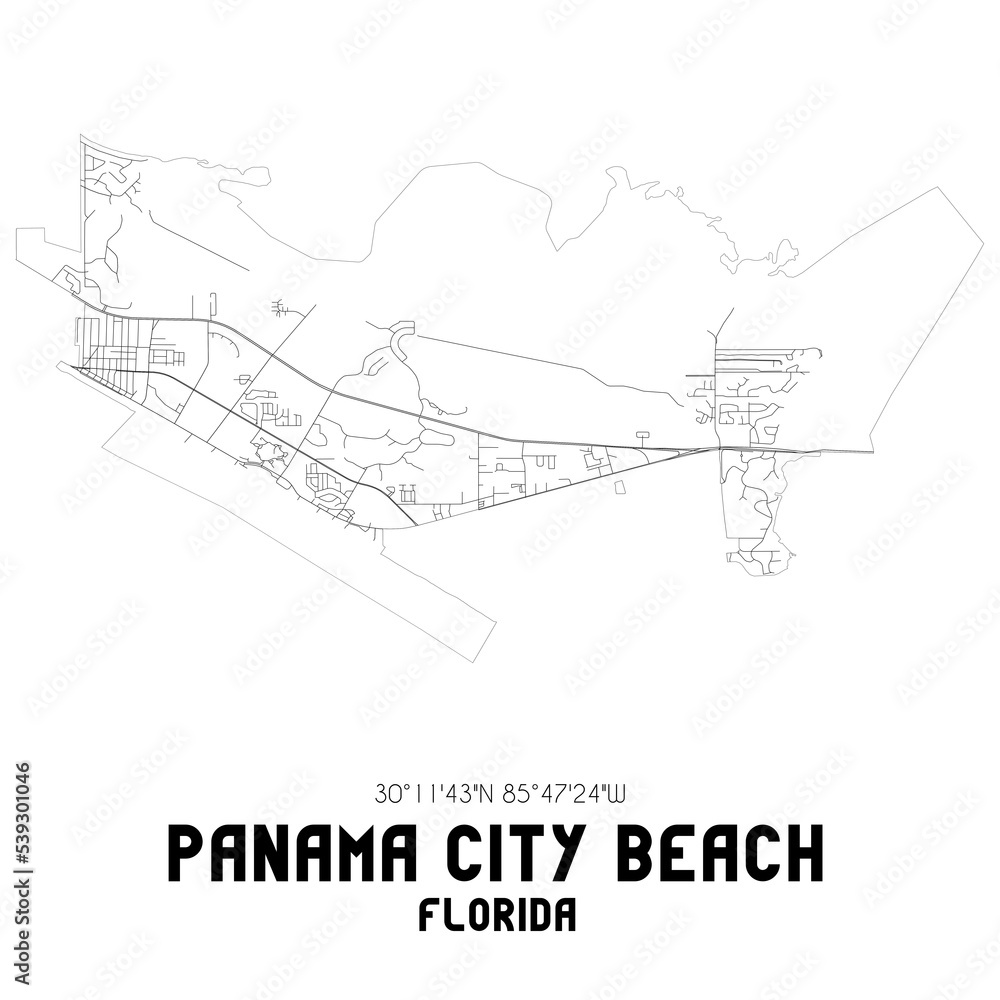 Panama City Beach Florida. US street map with black and white lines.