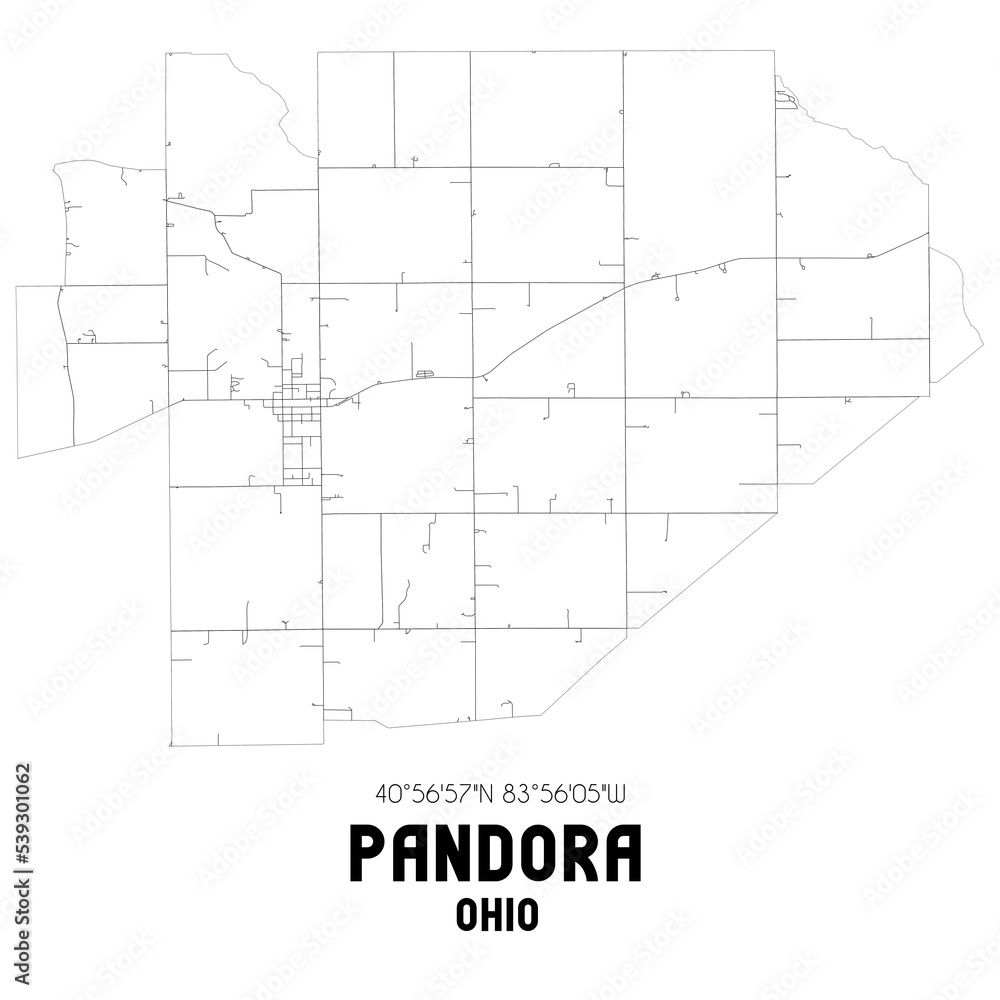 Pandora Ohio. US street map with black and white lines. Stock