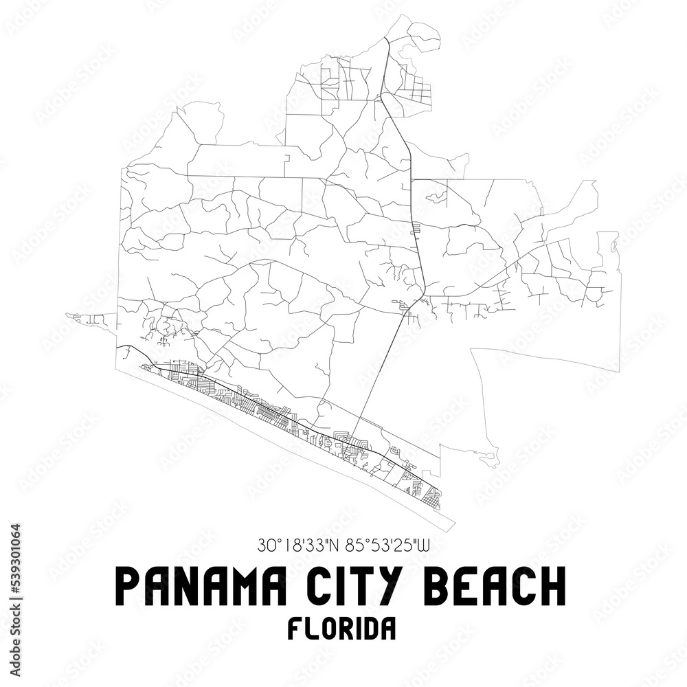 Panama City Beach Florida. US street map with black and white lines.
