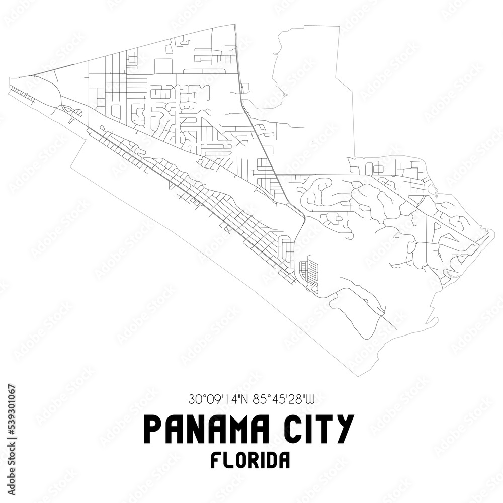 Panama City Florida. US street map with black and white lines.