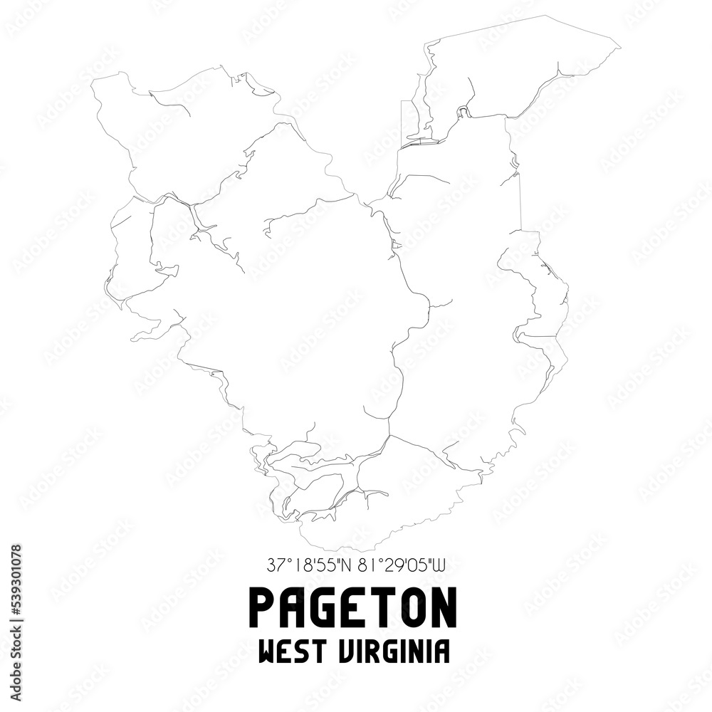 Pageton West Virginia. US street map with black and white lines.