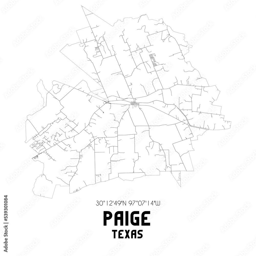 Paige Texas. US street map with black and white lines.