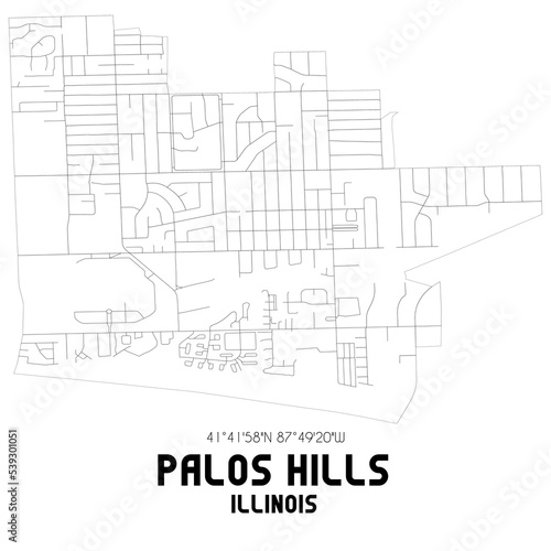 Palos Hills Illinois. US street map with black and white lines.