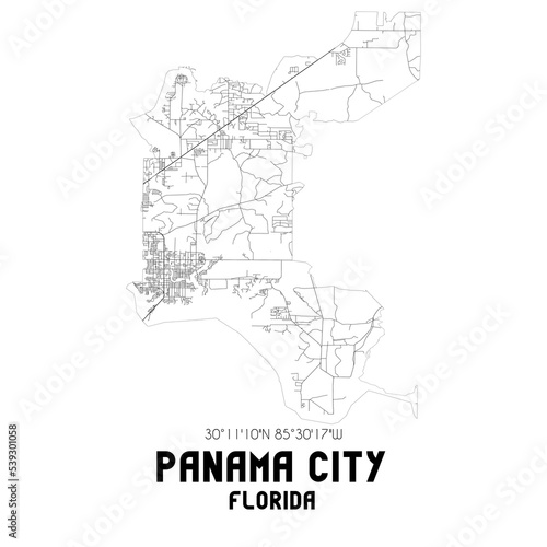Panama City Florida. US street map with black and white lines.