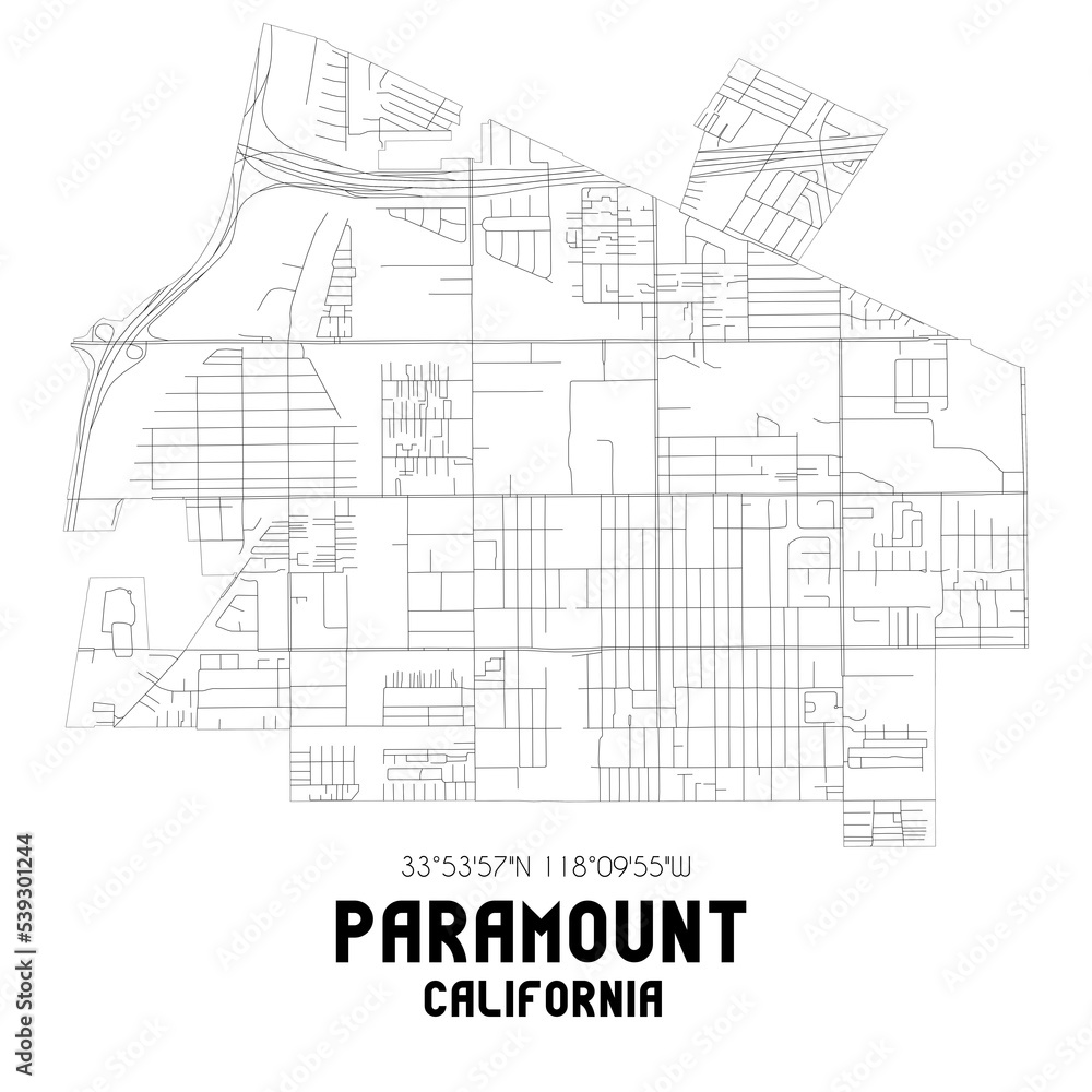 Paramount California. US street map with black and white lines.