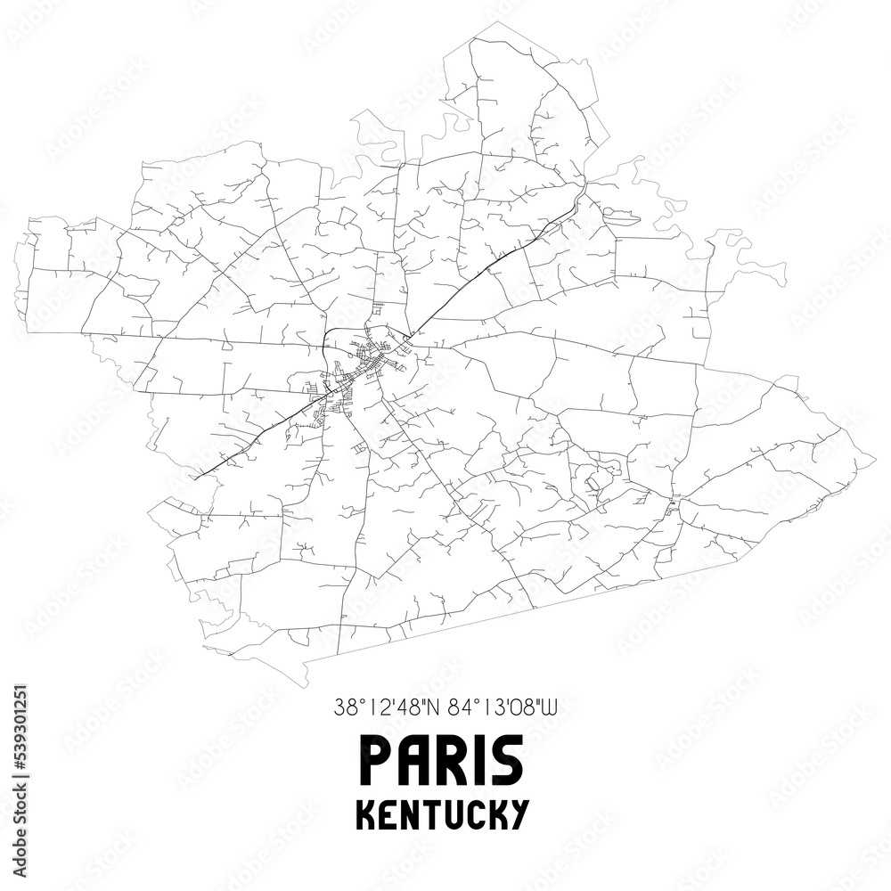 Paris Kentucky. US street map with black and white lines.