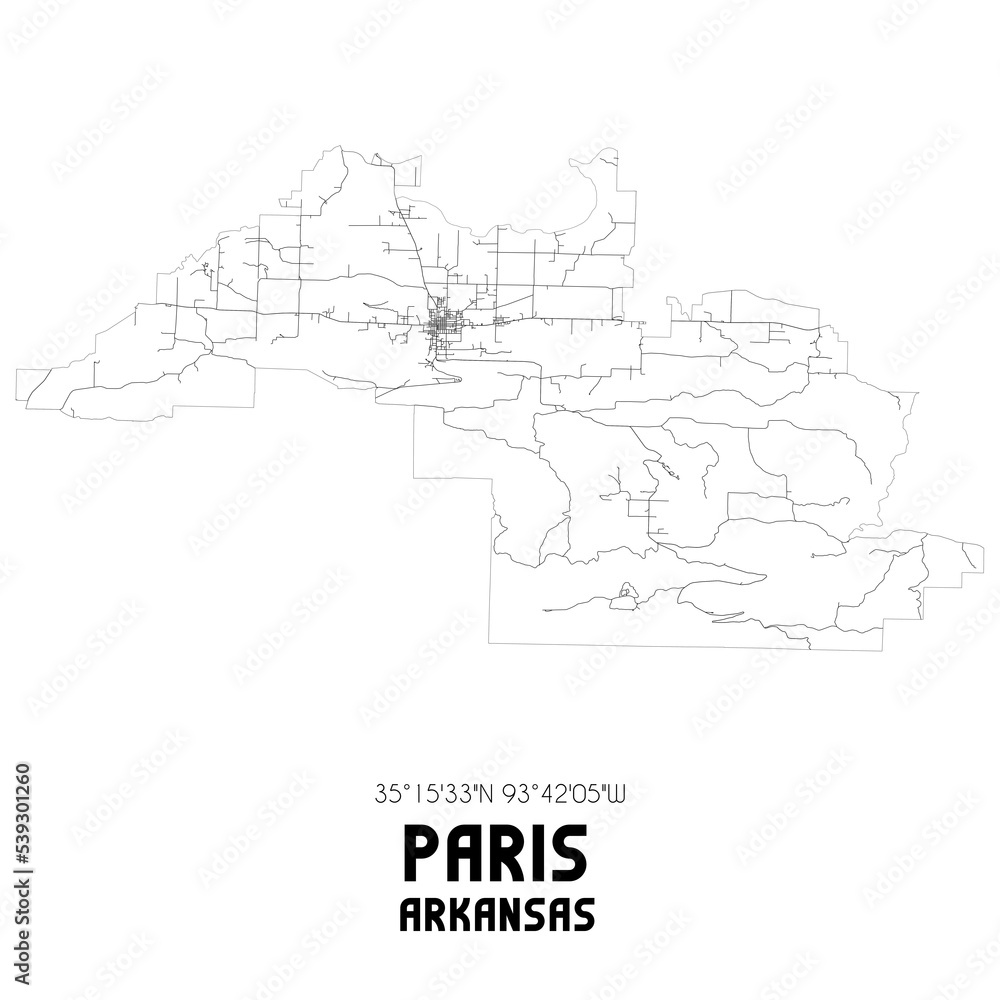 Paris Arkansas. US street map with black and white lines.
