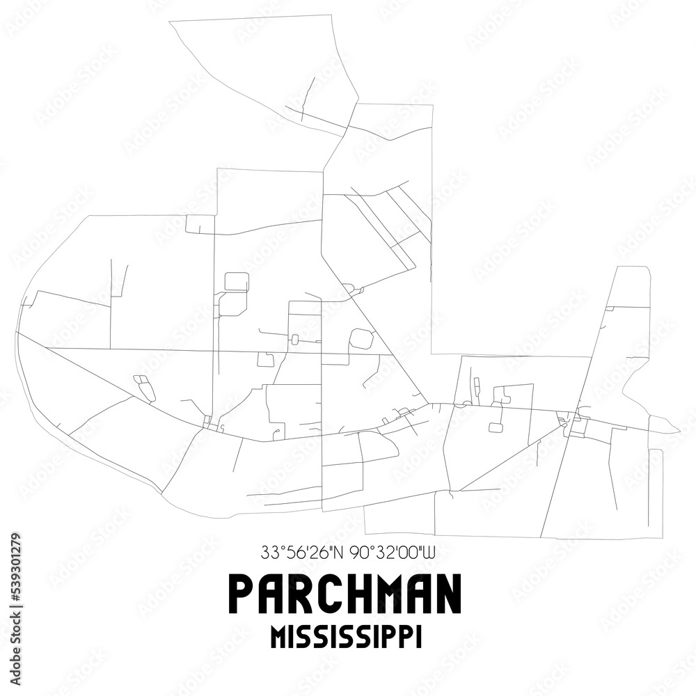 Parchman Mississippi. US street map with black and white lines.