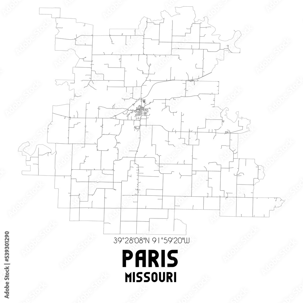 Paris Missouri. US street map with black and white lines.