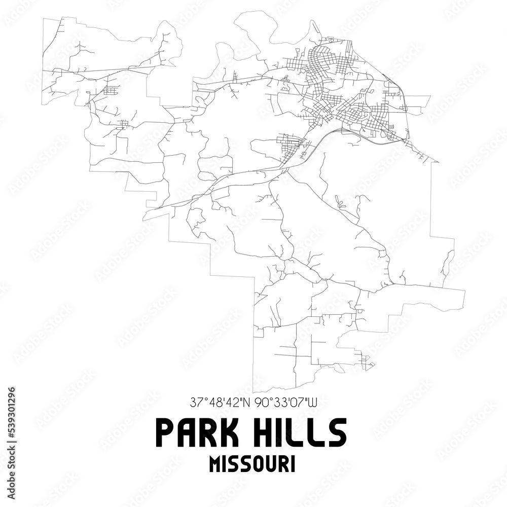 Park Hills Missouri. US street map with black and white lines.