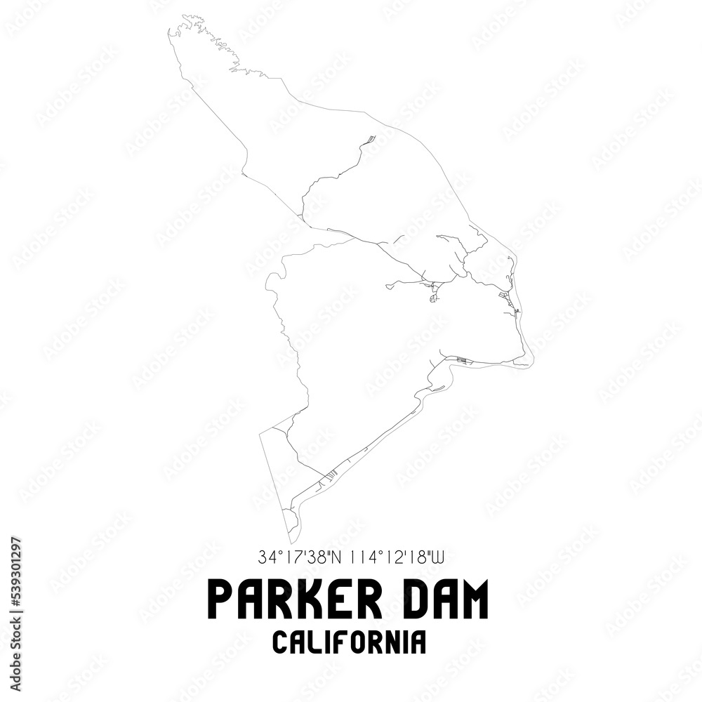 Parker Dam California. US street map with black and white lines.