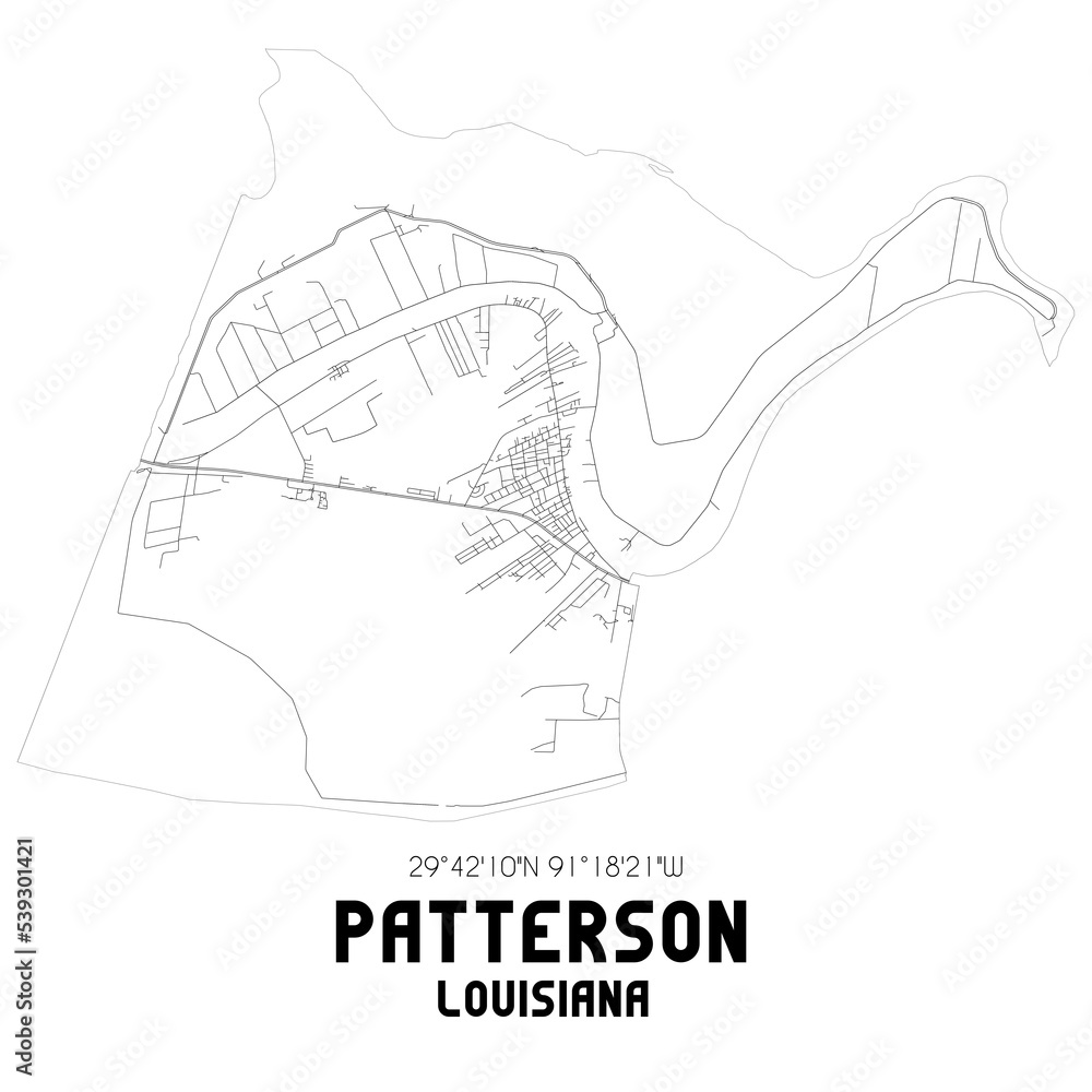 Patterson Louisiana. US street map with black and white lines.