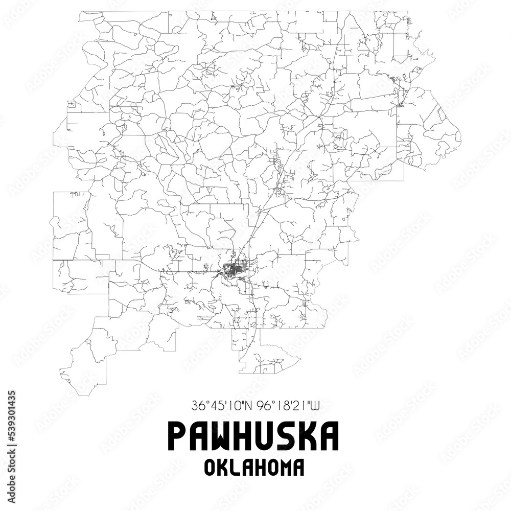 Pawhuska Oklahoma. US street map with black and white lines.