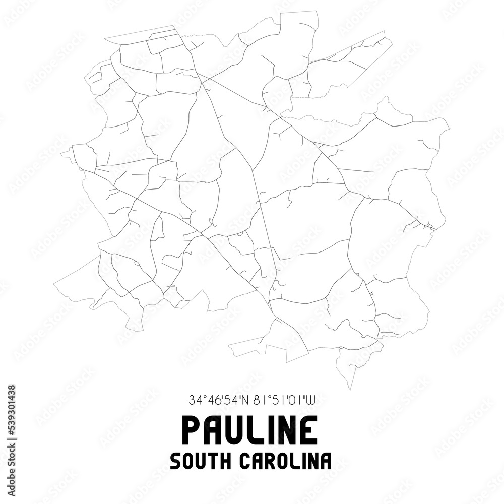 Pauline South Carolina. US street map with black and white lines.