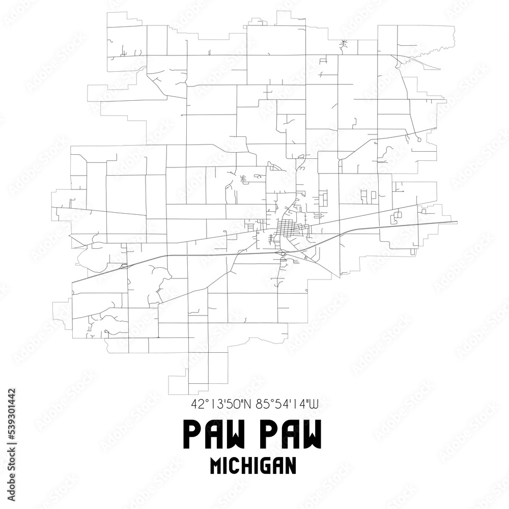 Paw Paw Michigan. US street map with black and white lines. Stock