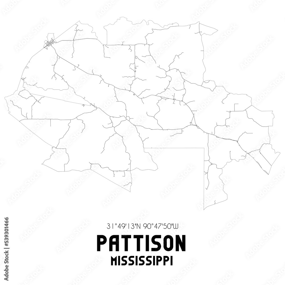 Pattison Mississippi. US street map with black and white lines.
