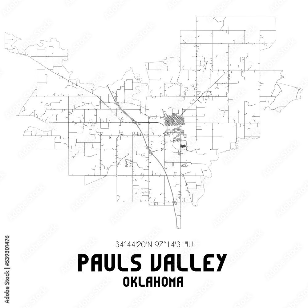 Pauls Valley Oklahoma. US street map with black and white lines.