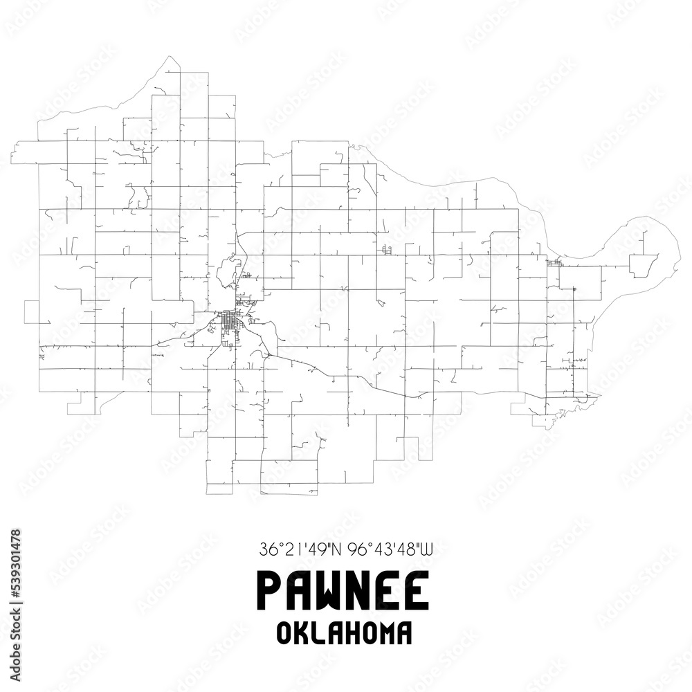 Pawnee Oklahoma. US street map with black and white lines.